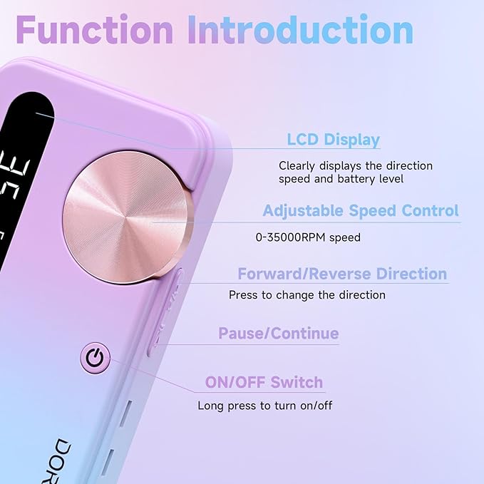 Nail Drill Professional, 35000RPM Electric Nail File Rechargeable, Portable Nail Drill Cordless Kit Efile for Acrylic Nails, Nail Dremel Manicure Perdicure for Salon & Home Use (Gradient)