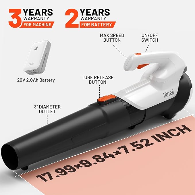 Litheli 20V Cordless Leaf Blower Battery Powered Leaf Blower, 2.0 Ah Battery Lightweight 2 Speed Axial Electric Blowers for Lawn Care, Patio, Snow, Dust, Blowing Leaves