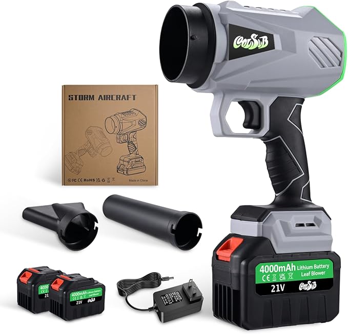 Leaf Blower Cordless, 21V Electric Leaf Blower with 2 Batteries and Charger, 4.0Ah Battery Powered Handheld Leaf Blowers for Lawn Care, Patio, Dust, Snow, Leaf Blowing Green