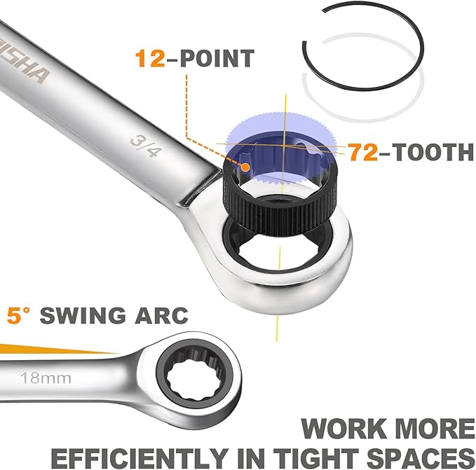 kboisha 24-Piece Ratchet Wrench Set, 72-Tooth Ratcheting Combination Wrench Set with Metric & SAE 8-19mm and 1/4" to 3/8" CR-V Standard Wrench Set with Organizer Box