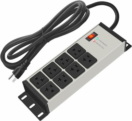 CCCEI Grey Heavy Duty Power Strip Surge Protector 20 AMP, 8 Outlets 12 Gauge Industrial Shop Garage Metal Multiple Outlets, 20 FT Extension Cord 5-15P Adapter High Amp 6-20R T-Slot 20a for Appliance