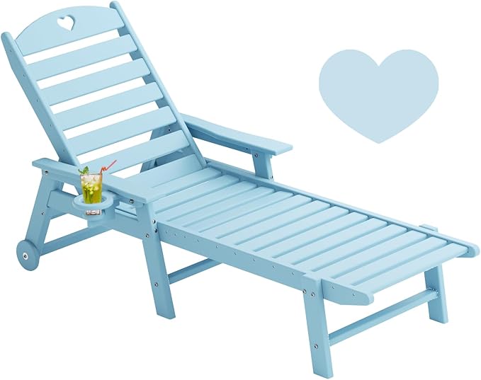 Aokia Pool Lounge Chairs,Chaise Lounge Chair Outdoor with Wheels & Cupholder Oversize HDPE 6-Position Outdoor Chairs for Patio, Lawn, Garden, Poolside (Light Blue)