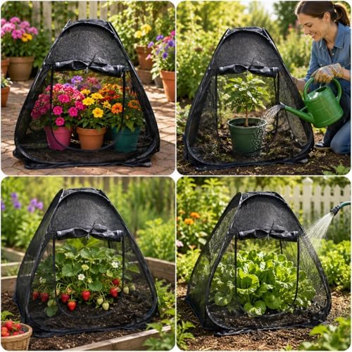 2PCS Pop up Plant Shade Tents（28 x 28 x 32 in-50% Shade Mesh Plant Cover with 16 U-Shaped Stakes for Outdoor Plants, Pop up Gardening Net Cover with Zipper Door, Guard Cover for Potted Plants