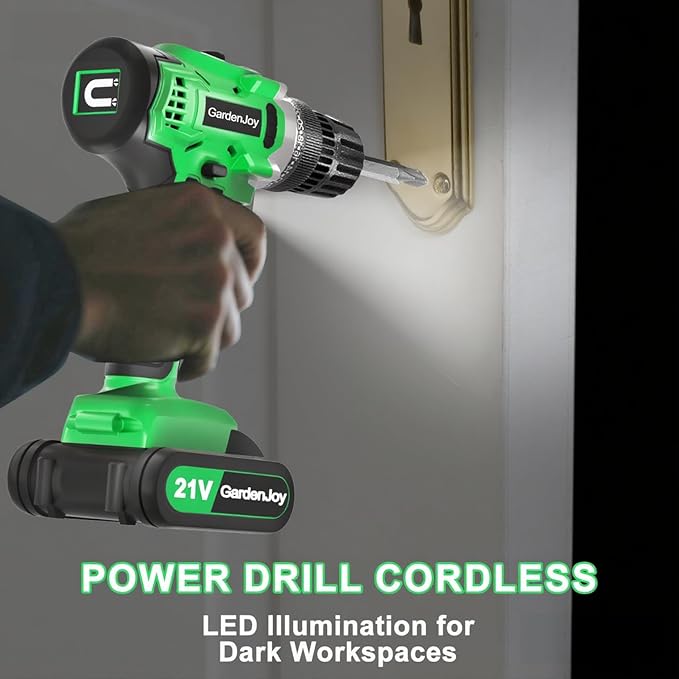 GardenJoy 20v Cordless Drill Set, Power Electric Kit Battery With Charger 30Nm 2-Speed 3/8" Keyless Chuck 24+1 Torque Drill Driver screwdriver Bits with LED Electric Work Light for MEN DIY