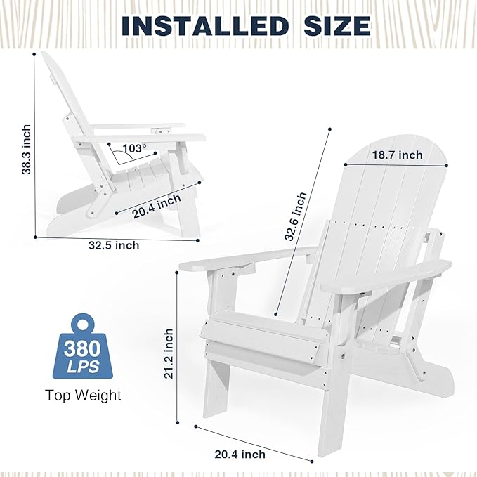 Folding Adirondack Chairs Set of 4, All Weather Resistant Plastic Chair with Cup Holder, Fold or Unfold Easily in 1 Second, Outdoor Chairs for Patio, Garden, Backyard Deck, Lawn Fire Pit(White)