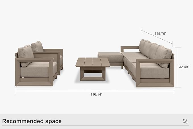 PURPLE LEAF Patio Furniture Set Open-End Outdoor Couch with 9.6" Thick Cushion and Soft Pillows 8 Piece Outdoor Sectional Sofas with Table Modern Patio Conversation Sets for Yard Porch Deck, Khaki