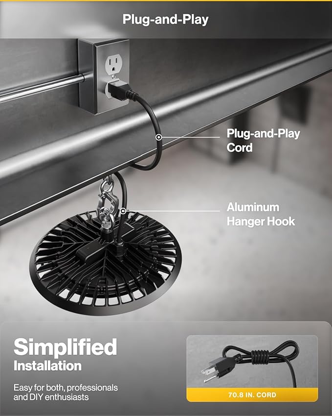 Sunco UFO LED High Bay Light, Shop Lights for Warehouse, Plug & Play, 19500 LM, 150W, 5000K Daylight, Power Cord Included, IP65 Waterproof Shatterproof Fixture UL 3 Pack.