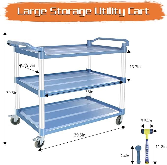 Utility Carts with Wheels Large Size Rolling Cart with Wheels Heavy Duty 600 LBS Food Cart with Lockable Wheels and Hammer for Kitchen/Office/Warehouse, 39.5" D x 19.3" W x 39.5" H(Grey Large Size)