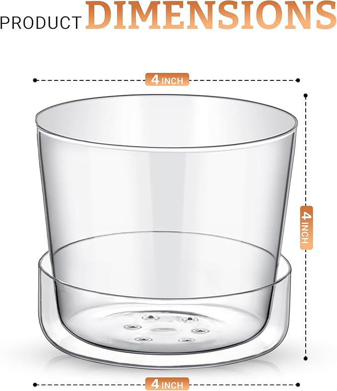Sheer Glass Pot Planter with Drainage Holes & Tray - Decorative & Modern for All House Plants (4 Inches)