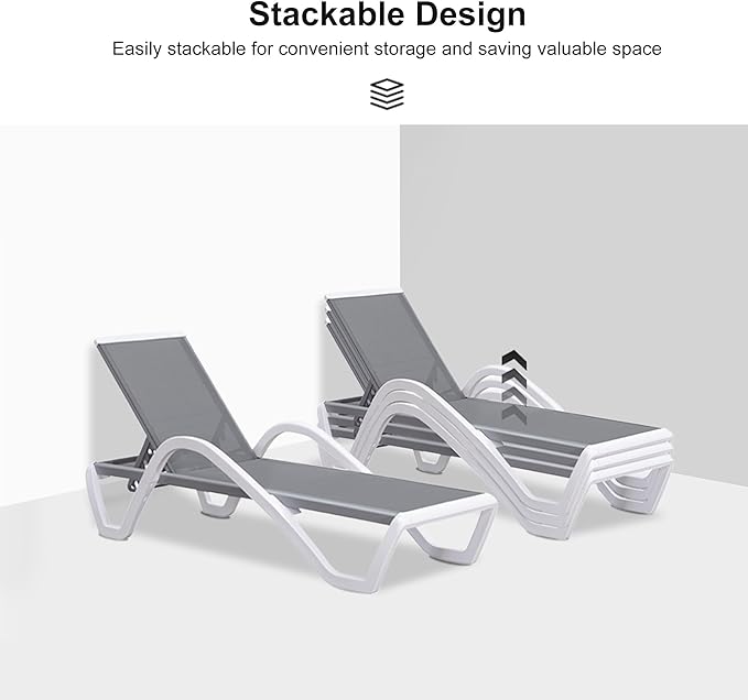 PURPLE LEAF Patio Chaise Lounge Chair Set Outside Aluminum Plastic Stackable Tanning Chairs with Armrests and Side Table for Pool Sunbathing Beach Deck Outdoor Lounger, Light Gray