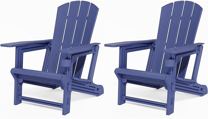 Adirondack Chair Set of 2, All Weather Plastic Adirondack Chairs, Fire Pit Chairs with Cup Holder, Outdoor Lawn Chair for Patio, Garden, Backyard,Navy Blue