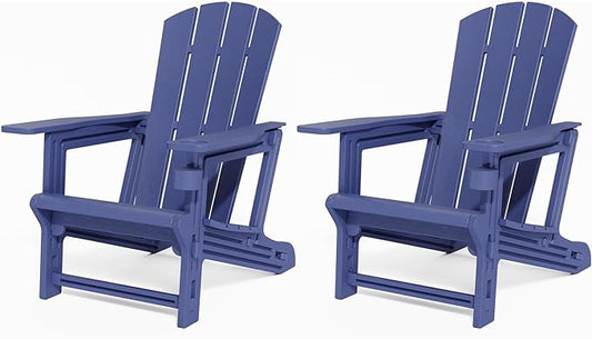 Adirondack Chair Set of 2, All Weather Plastic Adirondack Chairs, Fire Pit Chairs with Cup Holder, Outdoor Lawn Chair for Patio, Garden, Backyard,Navy Blue