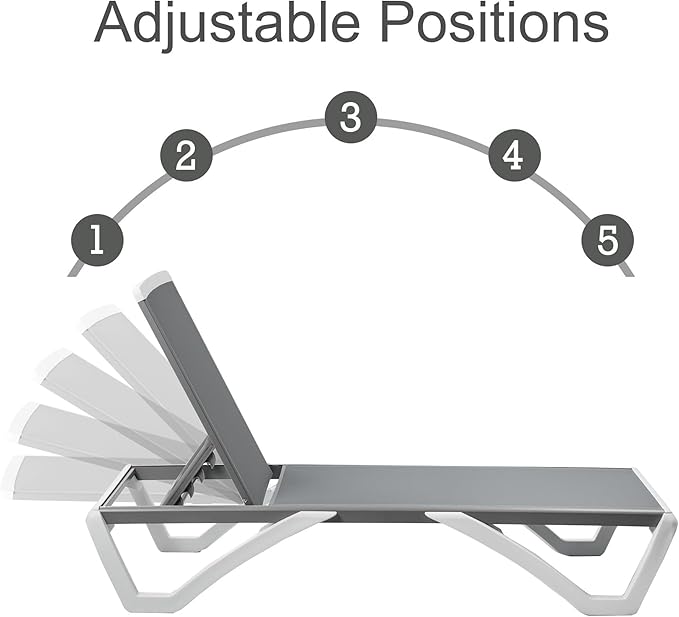 Kozyard Patio Chaise Lounge Chair - Full Flat Alumium & Resin Legs, Outdoor Reclining Adjustable Chair for Sunbathing, Beach, Patio, Lounge Set or Patio Table (2 Gray Textilence W/Table)