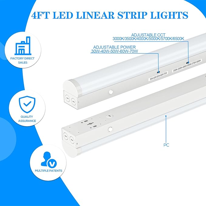 4FT LED Linear Strip Light, Super Bright LED Shop Lights 30W 40W 50W 60W 70W Selectable/100V-277V 6CCT 3000K-6500K, Flush Mount 0-10V Dimmable Commercial Garage Indoor Ceiling Light, ETL DLC(4 Pack)