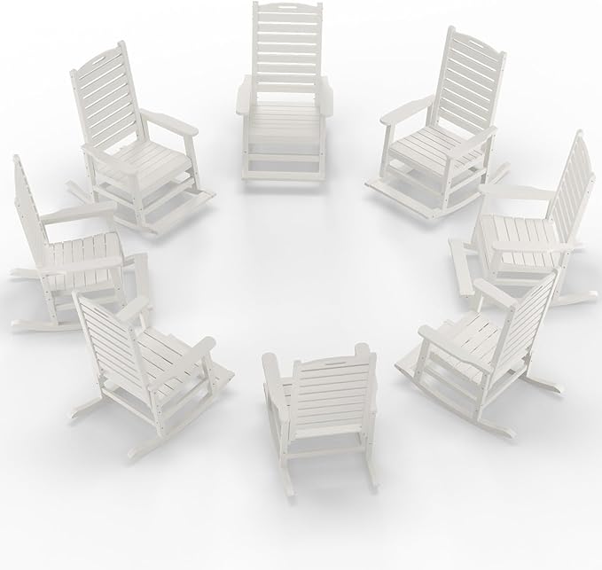 Outdoor Rocking Chair Set of 8 with Removable Footboard for Adults, HDPE High Back Patio Rocking Chairs, 330lbs All Weather Porch Rocking Chairs for Outdoor & Indoor -White