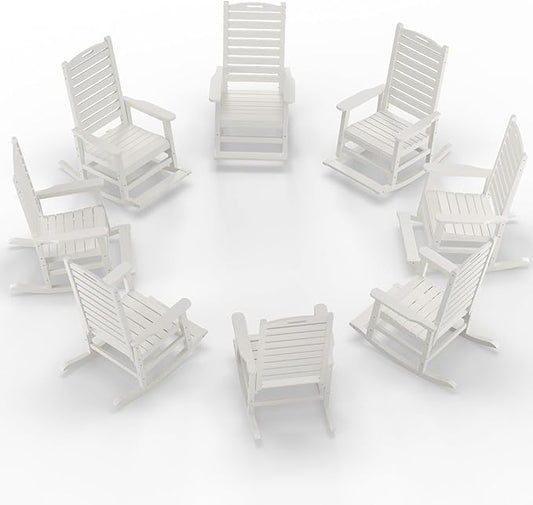 Outdoor Rocking Chair Set of 8 with Removable Footboard for Adults, HDPE High Back Patio Rocking Chairs, 330lbs All Weather Porch Rocking Chairs for Outdoor & Indoor -White