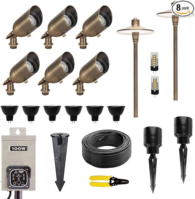 12V Brass LED Landscape Lighting Kit (6 Outdoor Spotlights, 2 Path Lights) with 100W Low Voltage Transformer for House, Yard, Lawn, Pathway, Walkway, Garden, Driveway or Patio