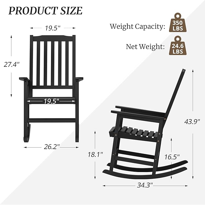 Outdoor Rocking Chairs Set of 2, Rocking Chair Outdoor All Weather Wooden Rockers, Heavy Duty 350lbs, High Back Wide Seat Patio Chairs for Porch, Backyard, Garden, Black