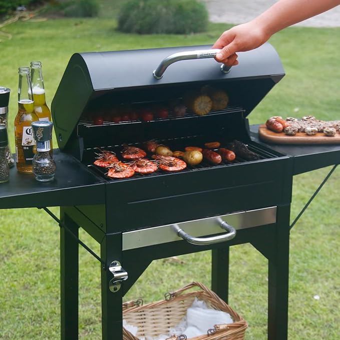 MASTER COOK Charcoal Grills with Two Side Tables, 17'' Outdoor Smoker Barbecue bbq grill for Camping, Patio,Backyard Party, Picnic, Black