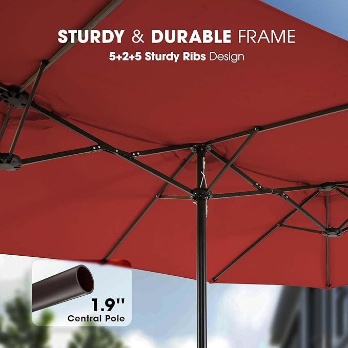 wikiwiki 15ft Large Patio Umbrellas with Base Included, Outdoor Double-Sided Umbrella with Crank Handle, Powerful UV Protective, for Pool Lawn Garden, Red