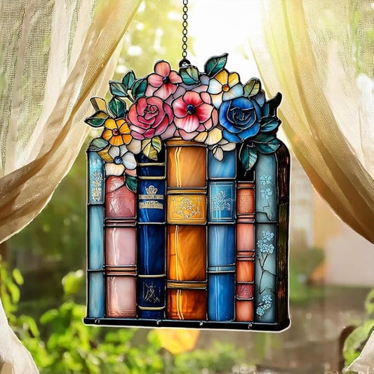 Floral Books Christmas Ornament Colorful Bookish Acrylic Suncatcher Stained Glass Effect Window Hanging for Book Lover Reading Nook Decor Gift for Librarian Readers