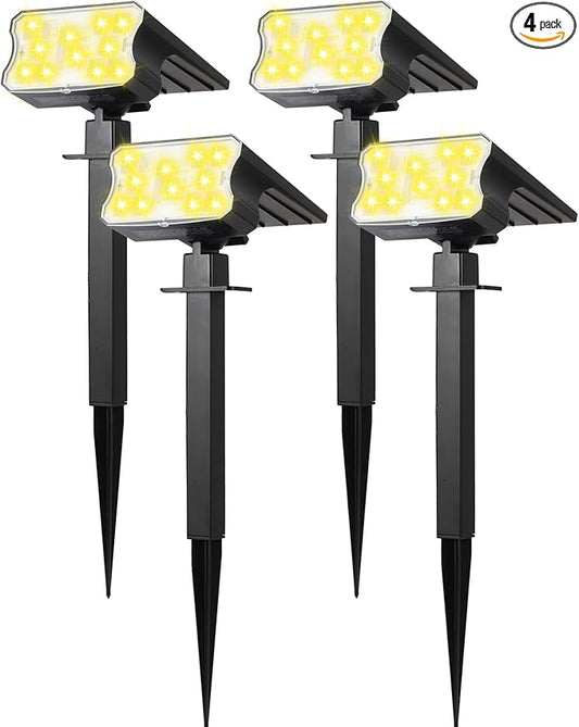 HGGH Solar Lights Outdoor Waterproof IP67, 60 LED 3 Lighting Modes Solar Spot Lights Outdoor for Yard Garden Pathway Landscape, Auto On/Off, Function 2 in 1(Warm White, 4 Pack)