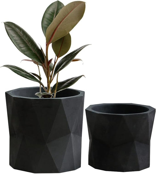 Olly & Rose Designer Geometric Ceramic Black Plant Pot Succulent Pots Cactus Planters Set 2 Indoor Outdoor Small Flower Pot Set Charcoal