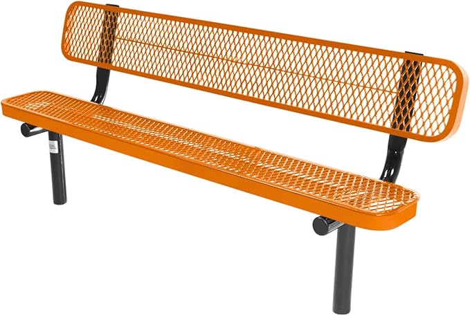 COATEDOUTDOORFURNITURE Coated Outdoor Furniture Heavy-Duty Outdoor Bench Thermoplastic Coated, Expanded Metal, Commercial-Grade Seating, Made in America (Inground with Back, 6 Ft, Orange)