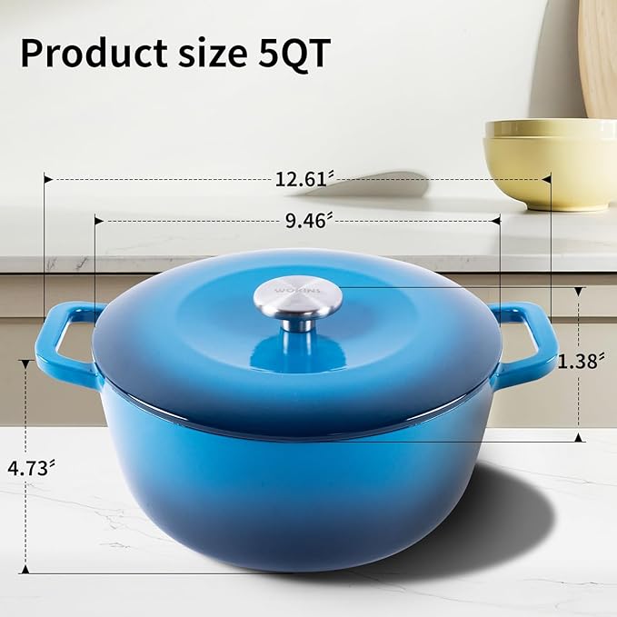 Enamel Cast Iron Dutch Oven with Lid,Dual Handles,Heavy-Duty Cookware for Sourdough Bread Baking,Braising,Stews,Roasting,Oven Safe up to 500° F,5QT,blue