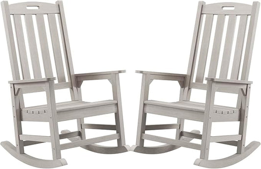 Psilvam Oversized Outdoor Rocking Chair Set of 2, Porch Rocker with 21" Wide Seat and 32" Tall Backrest, Pre-Assembled with Most Components for Effortless Installation (Grey)