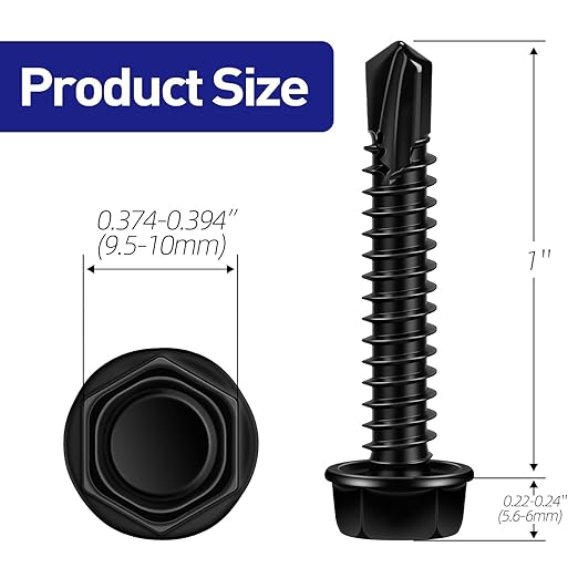 #14 x 1 Hex Washer Head Self Tapping Screws, TEK Screws, Self Drilling, Stainless Steel 410 Sheet Metal Screws, Black Finish, 50 PCS