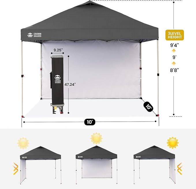 CROWN SHADES 10x10 Pop Up Canopy with 1 Side Wall - Beach Tent with One Push Setup - Outdoor Sun Shade for Events, Parties, Camping - Gazebo with STO-N-Go Cover Bag (Grid Grey)