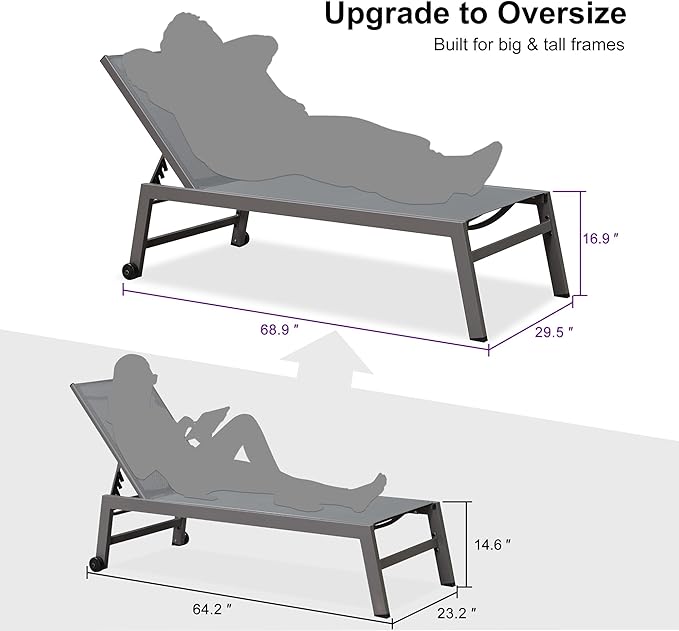 PURPLE LEAF Outdoor Chaise Lounge Set for 2 Oversized Pool Lounge Chairs with Easy-to-Move Wheels and Adjustable Backrest Extra Large Patio Loungers for Poolside Deck Beach Yard Table Included, Grey
