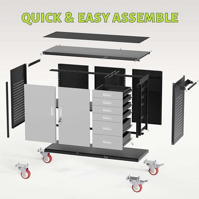 55"W Heavy Duty Rolling Workbench with Drawers and Storage,1000 LBS Capacity Work Bench with Lockable Cabinet & Adjustable Shelf,Garage Workbench with Pegboard & Wheels for Garage/Repair Shop