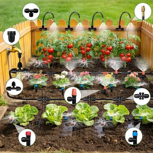 230FT Drip Irrigation System for Garden with 38pcs Adjustable Copper Nozzles & Emitters, Automatic Garden Watering System with 1/2" & 1/4" Tubing for Raised Bed, Yard, Greenhouse, Potted Plants, Lawn