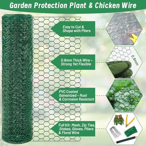 Convivium Plant Protectors from Animals, 0.8mm Free-Cut Green Chicken Wire Mesh, PVC Coated Tree Trunk Guard & Garden Fence for Outdoor Plants with Zip Ties, Stakes, Pliers, Gloves（33Ft*16In）