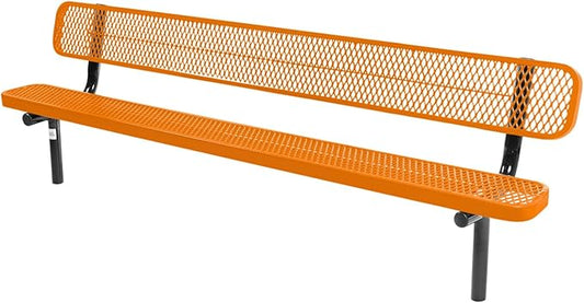 COATEDOUTDOORFURNITURE Coated Outdoor Furniture Heavy-Duty Outdoor Bench Thermoplastic Coated, Expanded Metal, Commercial-Grade Seating, Made in America (Inground with Back, 8 Ft, Orange)
