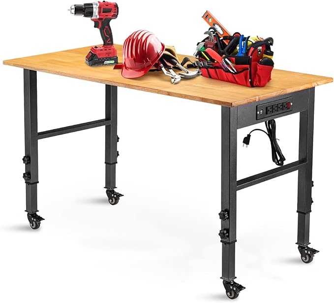 48 "Adjustable Workbench with Power Outlet, Heavy Duty 2000 LBS Load Capacity Hardwood Workbench Suitable for Workshop, Office, Garage, Home with Wheels