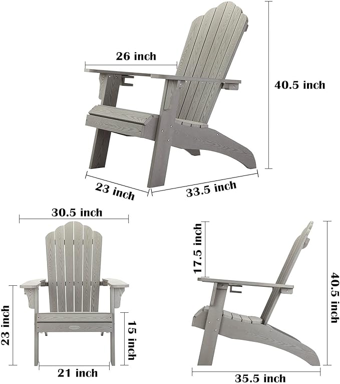 hOmeHua Oversized Adirondack Chairs Set of 2, HIPS Adirondack Chairs Weather Resistant with Cup Holder, Plastic Outdoor Chair for Patio, Backyard Deck, Fire Pit Lawn Porch (Grey)