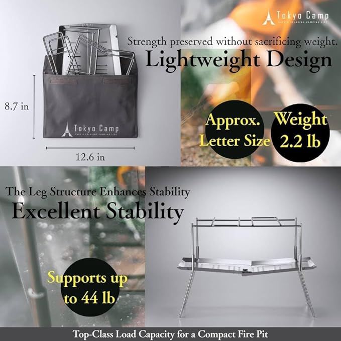 Tokyo Camp HAKOSUKA Portable Fire Pit, Foldable Stainless Steel Wood Burning Stove, Lightweight Compact Grill for Solo Camping, Outdoor BBQ, Bonfire – Rugged Japanese Design