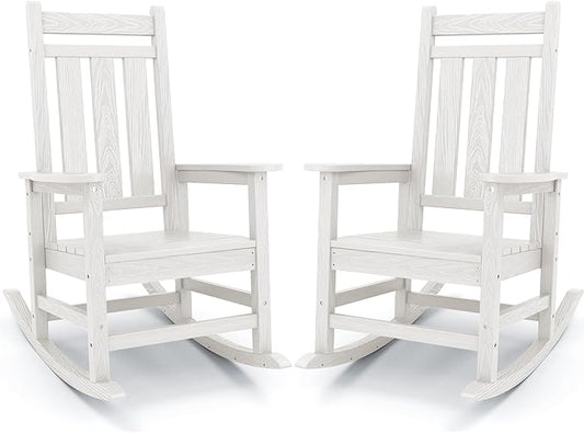 KINGYES Oversized Outdoor Rocking Chair Set of 2, All-Weather Patio Rocking Chairs for Porch, HDPE Outdoor Patio Rockers with High Back & Wide Seat for Garden, Lawn, White