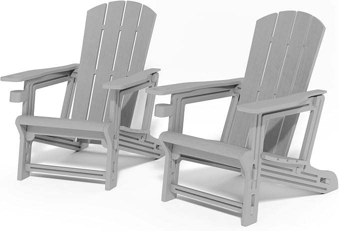 FONTOI Adirondack Chair, Plastic Outdoor Patio Adirondack Chairs with Cup Holder, 400 LBS Capacity Recliner Chair Garden Chair for Backyard Lawn Beach Set of 2 Grey