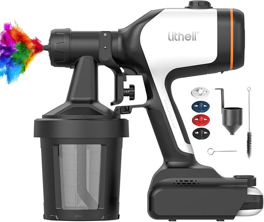 Litheli Cordless Paint Sprayer with Battery of 4.0Ah, HVLP Paint Sprayer Gun with Brushless Motor and 2 x 800ml Containers, Electric 800W Paint Sprayers with 4 Copper Nozzles for House and Furniture