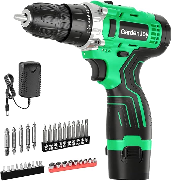 GardenJoy Cordless Power Drill Set: 12V Electric Drill with Battery and Charger, 42pcs Acessories, 3/8"Keyless Chuck, 2 Variable Speed, 24+1 Position, Compact Drill Driver Kit for Home & DIY Project