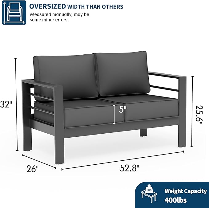 UDPATIO Outdoor Loveseat Aluminum Outdoor Furniture Sofa, Patio Seating Loveseat with 5" Thick Cushion and Waterproof Cover