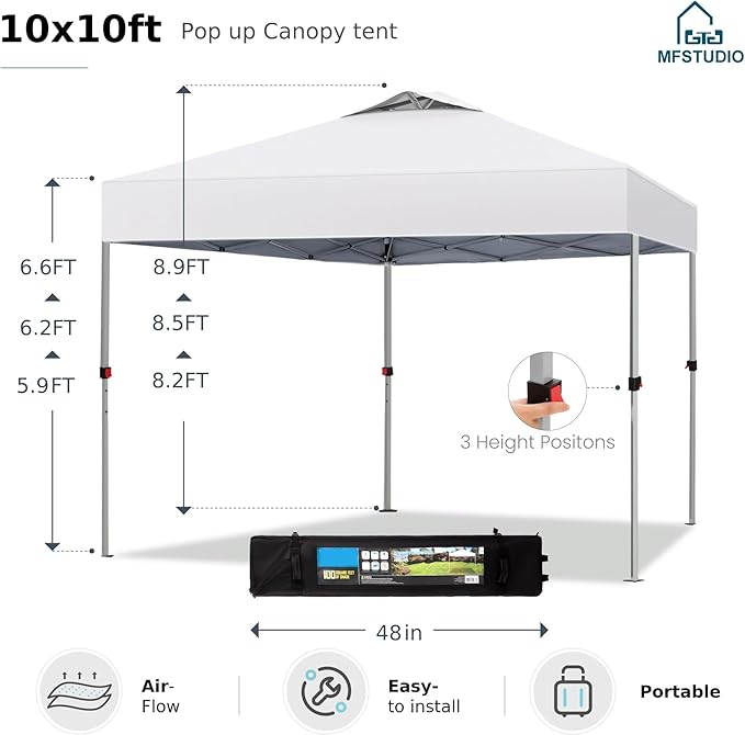 MFSTUDIO 10x10 Pop Up Canopy Tent, Gazebo Shelter Sun Shade Canopies Waterproof Patio Portable Popup Tents for Beach,Parties,Camping,100 Sq,White