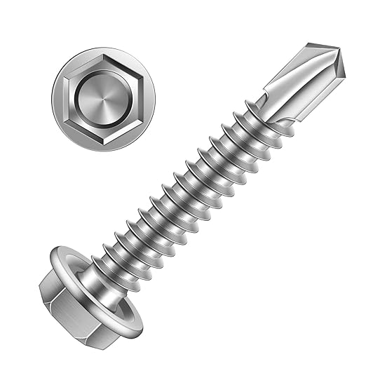 MewuDecor #12 x 1-1/4" (1/2" to 3" Available) Hex Washer Head Self Drilling Sheet Metal Screws with Drill Point, Stainless Steel 410, 50 PCS