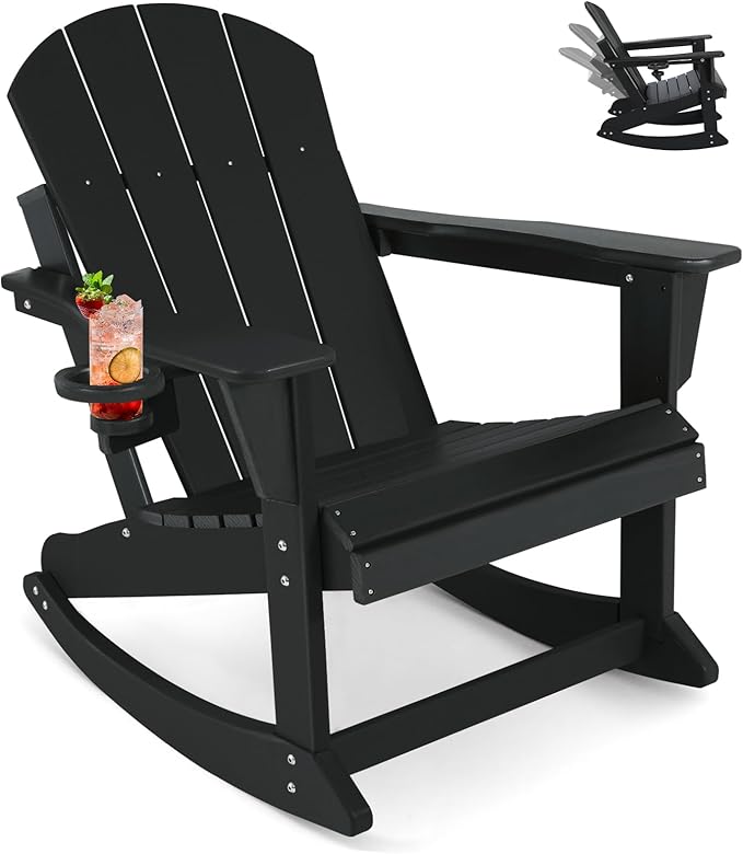 Outdoor Rocking Chair, HDPE Poly All-Weather Patio Rocking Chairs with Cup Holder for Adults, Porch Rocker for Deck Patio Balcony, 440lbs, Black