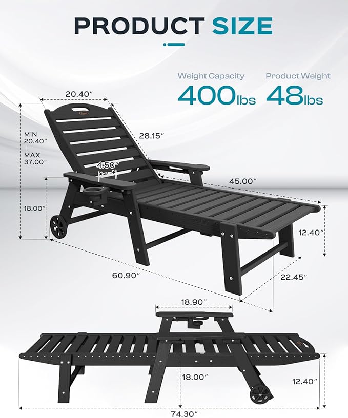 Outdoor Lounge Chair Set of 4, All Weather Patio Chaise Lounge Chair for Outside, HDPE Chair with Rolling Wheels & Cup Holder, 5 Position, Deck, Pool, Black