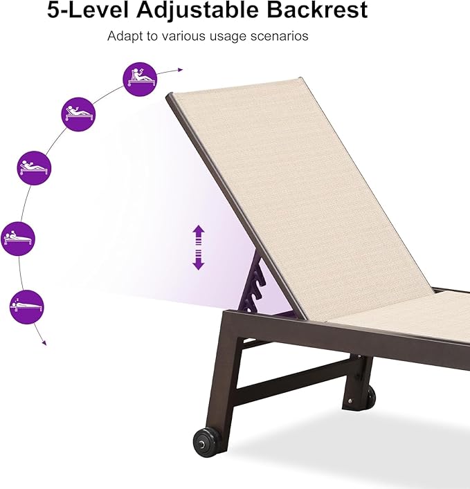 PURPLE LEAF Patio Chaise Lounge Set of 3, Outdoor Chaise Lounge with Adjustable Backrest and Wheels for Deck, Pool, Lawn, Garden, Waterproof & Easy Assembly, Cream